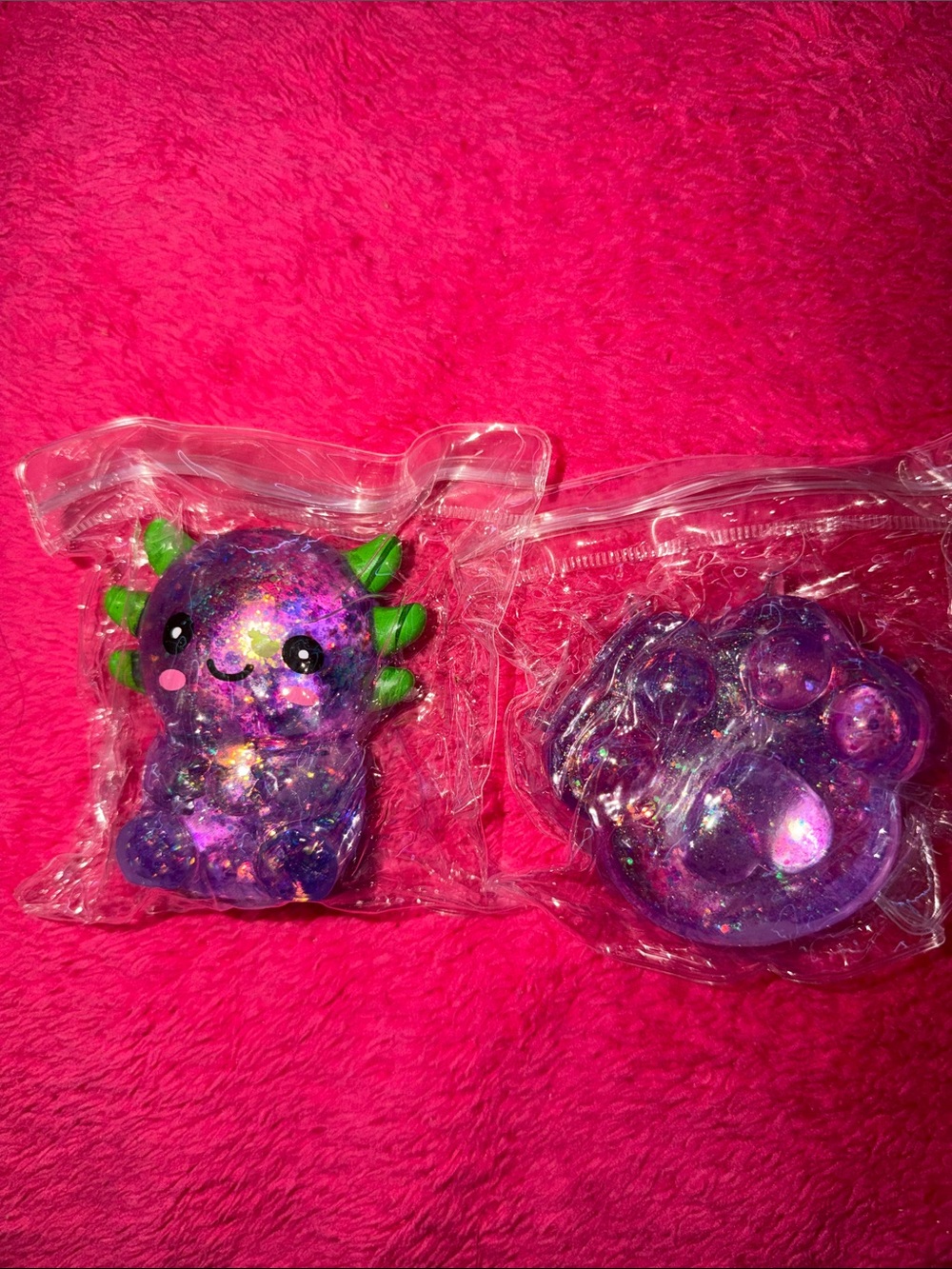 Purple Glitter Axolotl and Paw Squishys